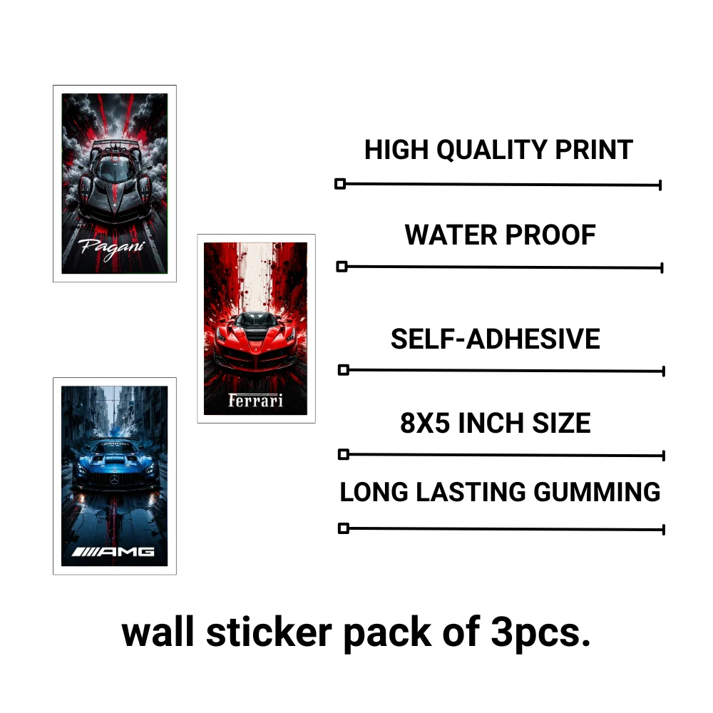 Djane Studio Car Wall Poster | Car Wall Sticker for Living Room, Bedroom, Office & Gaming Room | Modern Home Décor | Pack of 3 | Size 8x5 Inch